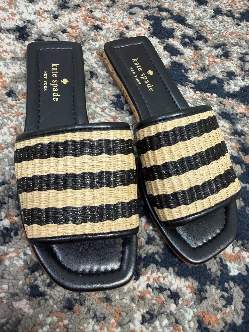 NWOT Kate Spade New York ‘Juiliane’ Raffia Slide Sandals in Black Stripe Sz 5.5